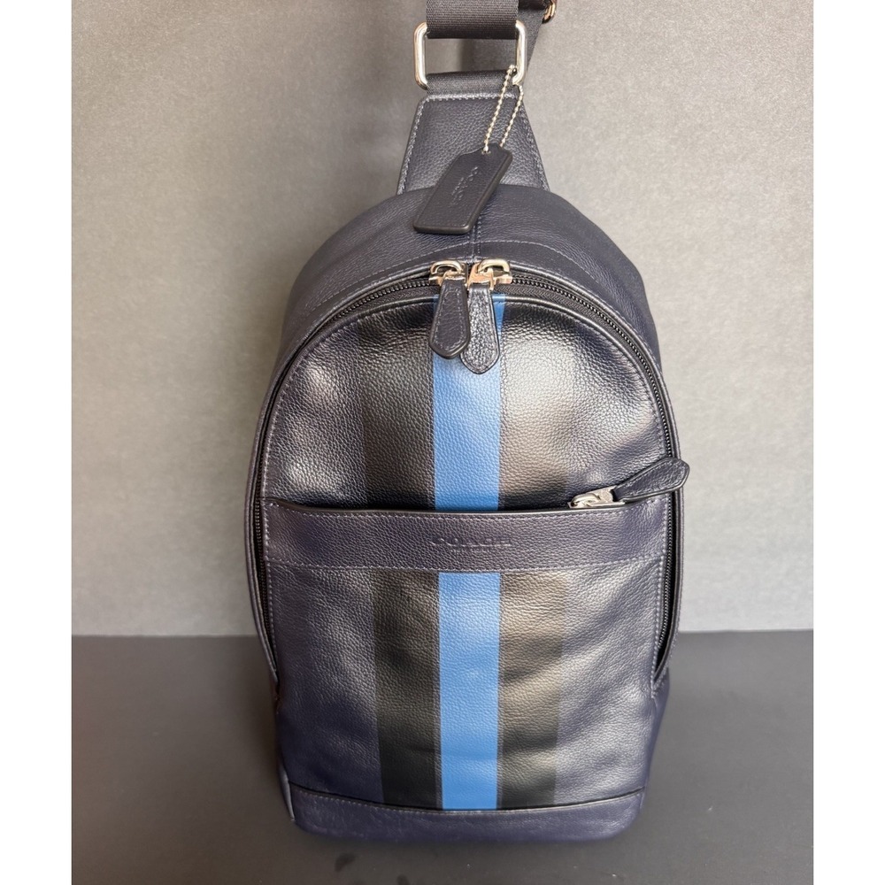 Leather Coach Navy ~ Black Blue Stripes ~ Shoulder Sling Bag Great Style F722226